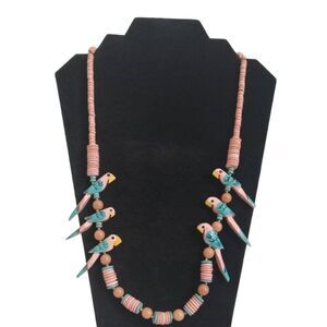Pink and Blue Painted Wooden Parrot Birds Colorful Beaded Statement Necklace